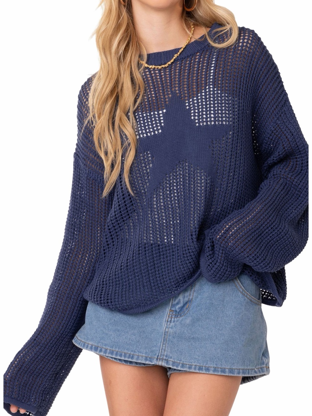 Edikted Navy Blue Open Knit Star Sweater